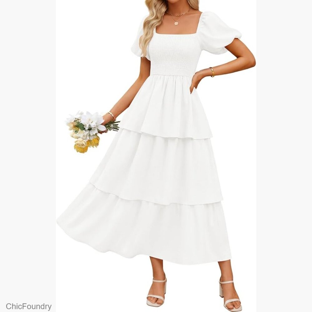 Summer Smocked Midi Dress Puff Sleeve Backless Boho Beach Vacation Long